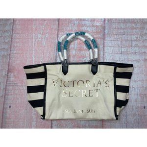 Victoria’s Secret Canvass Weekender Tote, Navy Stripes & gold foil lettering NWT
